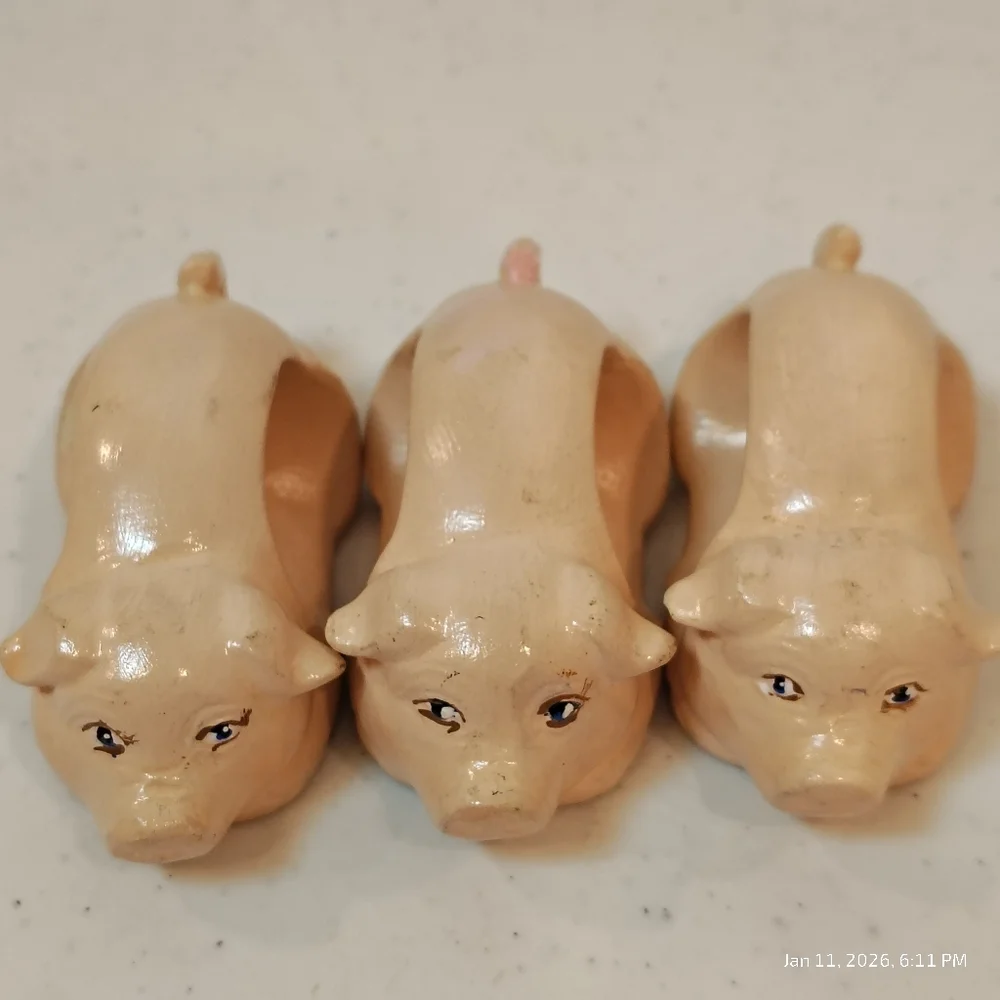 Vintage Pottery Pink Pig Napkin Rings Holders Hand Painted Set of 6